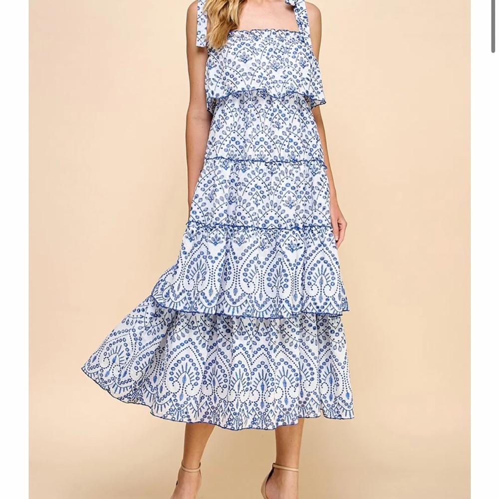 Blue and White Ruffled Tiered Midi Sundress